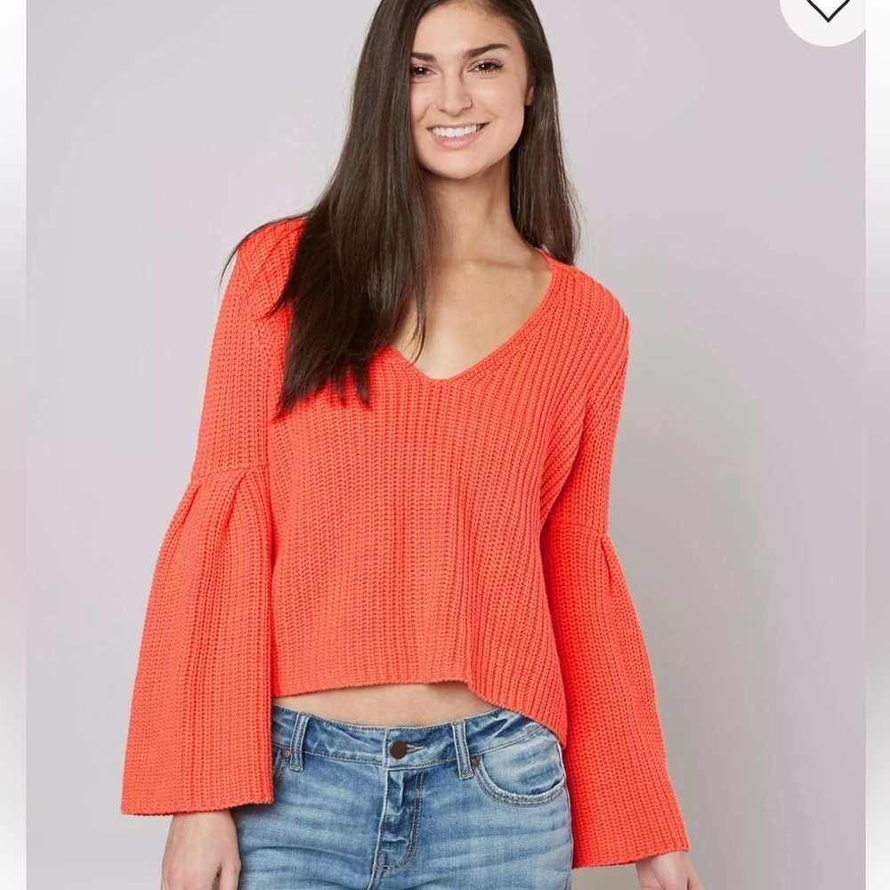 Free People Sweater Size Small Coral Pink Orange Damsel Bell Sleeve Cropped Sz S
